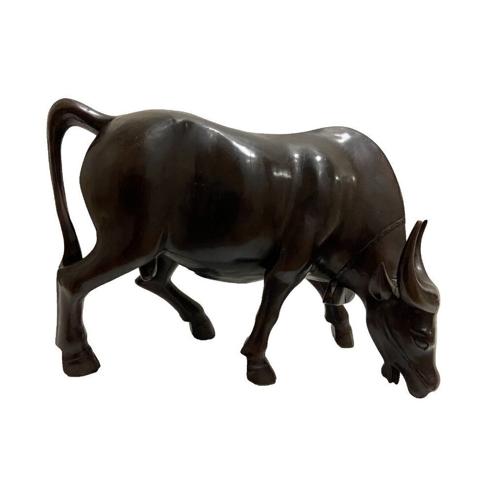 Hand Carved Solid Wood Bull Sculpture 11" Length